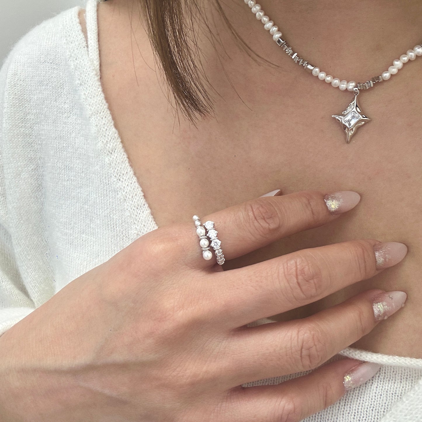 Half Pearl & Half Diamond Ring