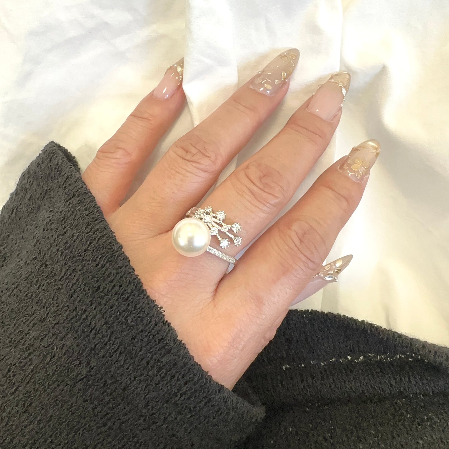 Pearl Moissanite Silver Ring