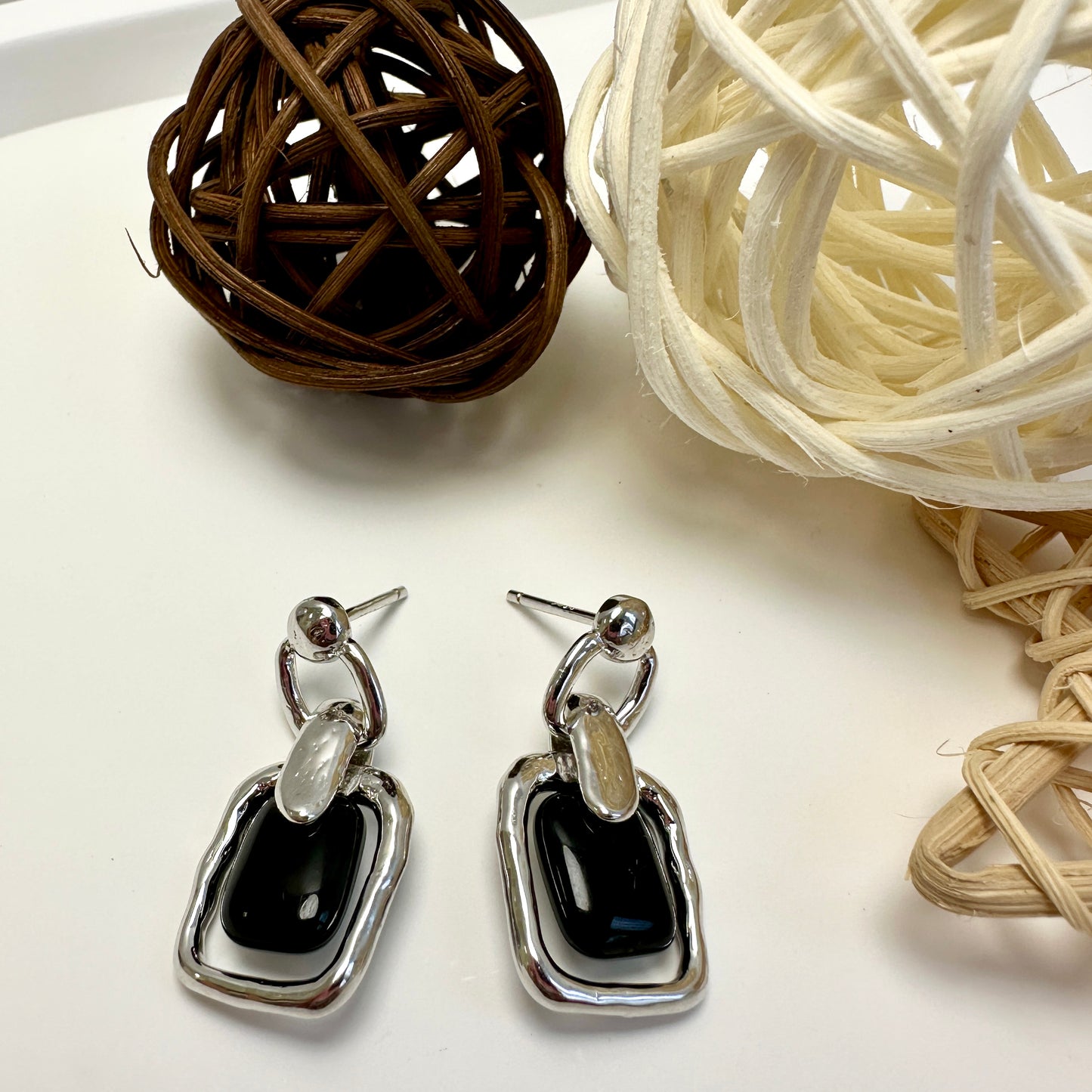Black Agate Silver Earring