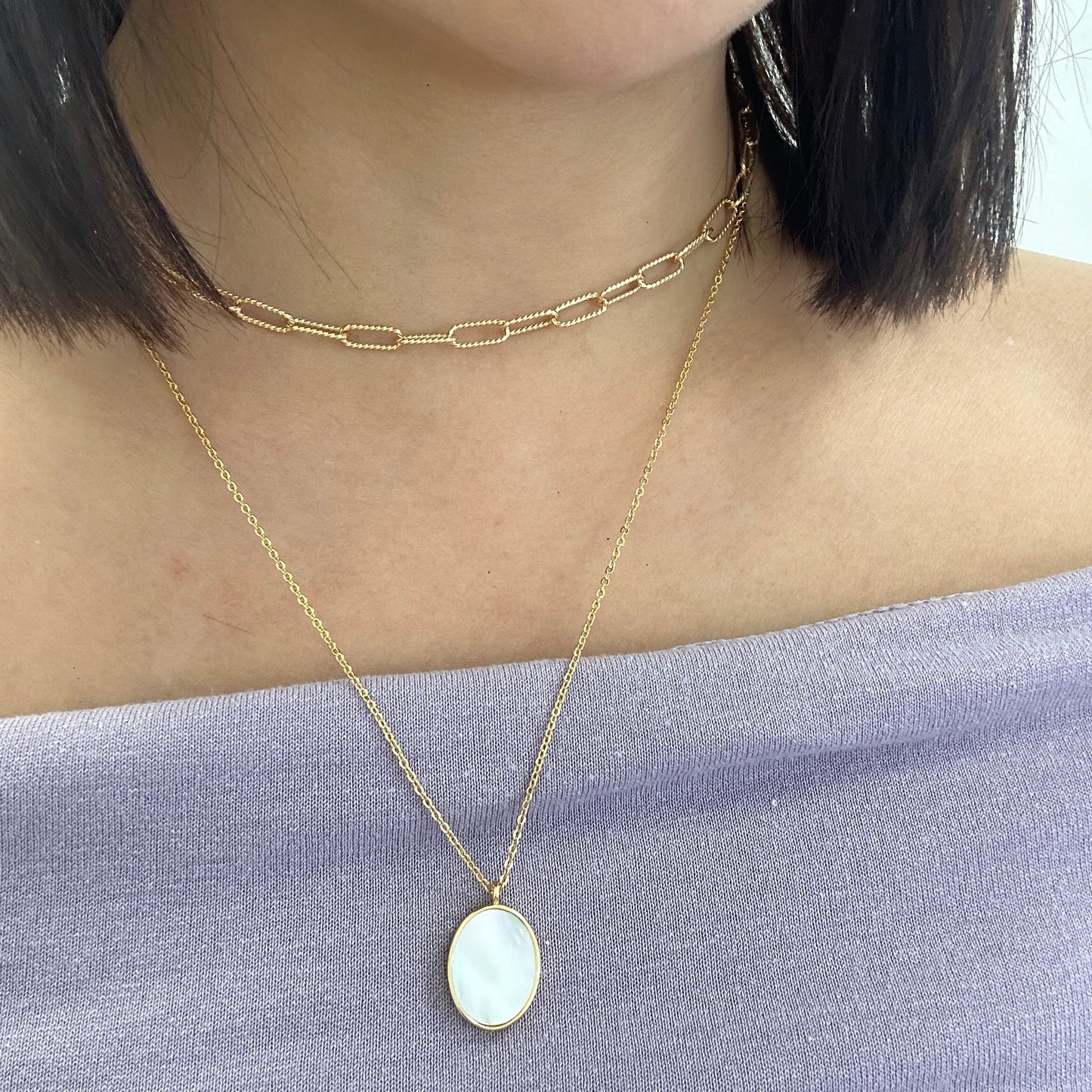 Mother of Pearl Long Silver Necklace